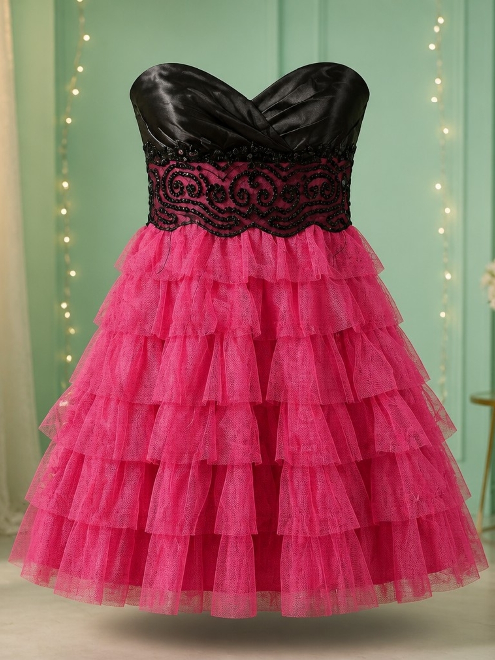 Homecoming Vtg Strapless Tiered Tulle Mini Dress Hot Pink Black Sequin Hoco 4033